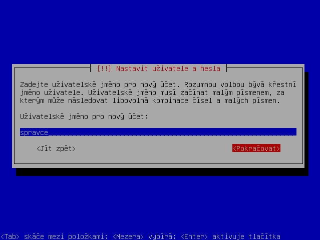 Nastavit užiatele - Uživatelské jméno pro nového uživatele