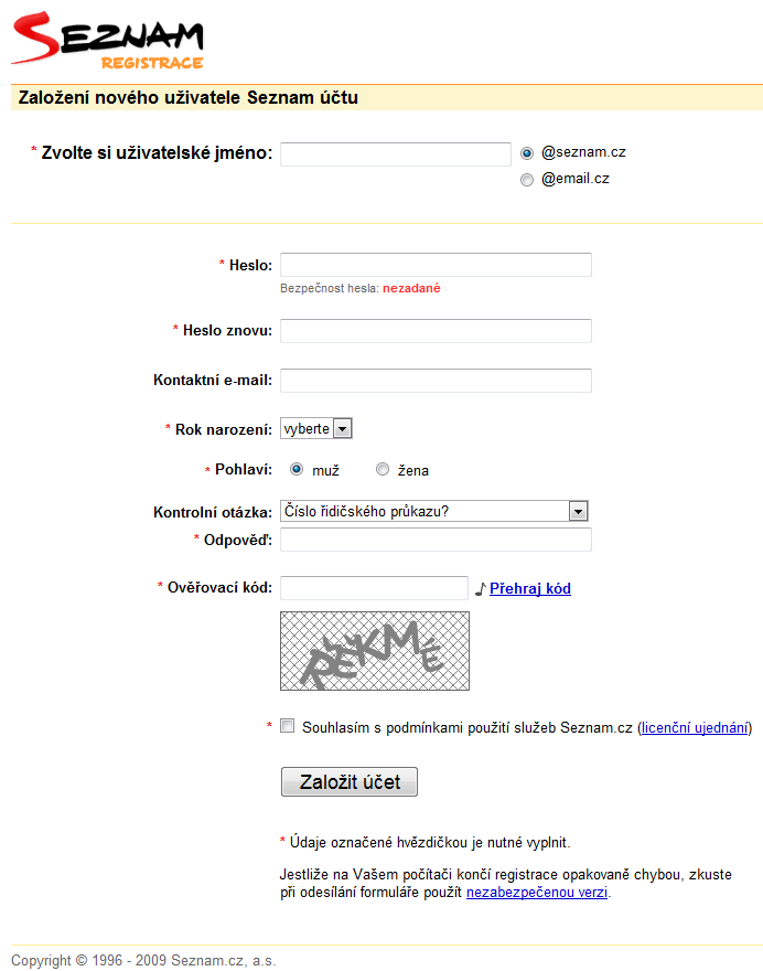 Založení nového uživatele Seznam účtu