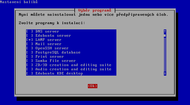 Nastavení balíků - Výběr programů