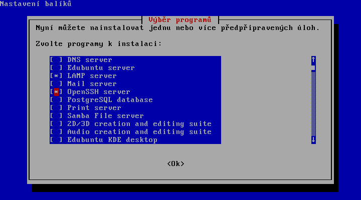Nastavení balíků - Výběr programů