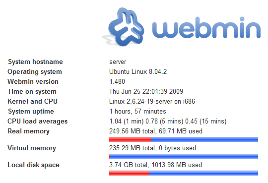 Webmin úvodní obrazovka